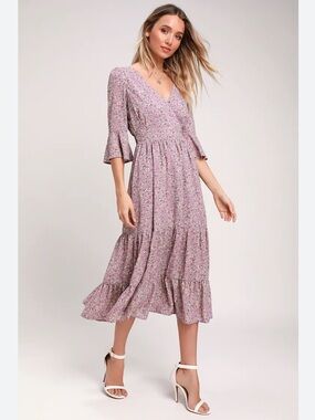 Lulus Dusty Lavender Floral Dress, Size Large